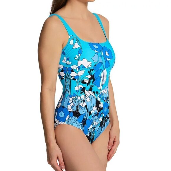 Gottex Floral Art Square Neck One Piece 8 Blue Floral Swimsuit - Picture 2 of 9